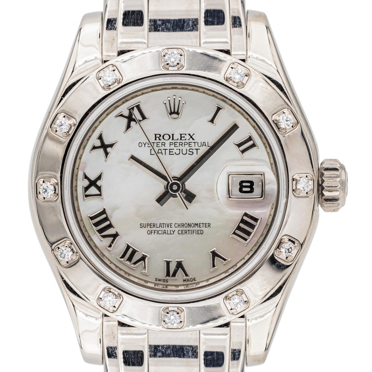 Montre ROLEX "Datejust Pearlmaster" en or blanc, nacre, saphir et diamants - Castafiore
