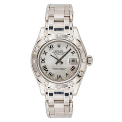 Montre ROLEX "Datejust Pearlmaster" en or blanc, nacre, saphir et diamants - Castafiore