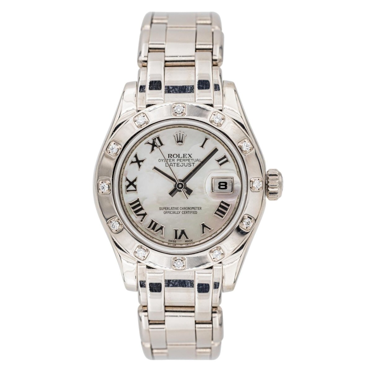 Montre ROLEX "Datejust Pearlmaster" en or blanc, nacre, saphir et diamants - Castafiore