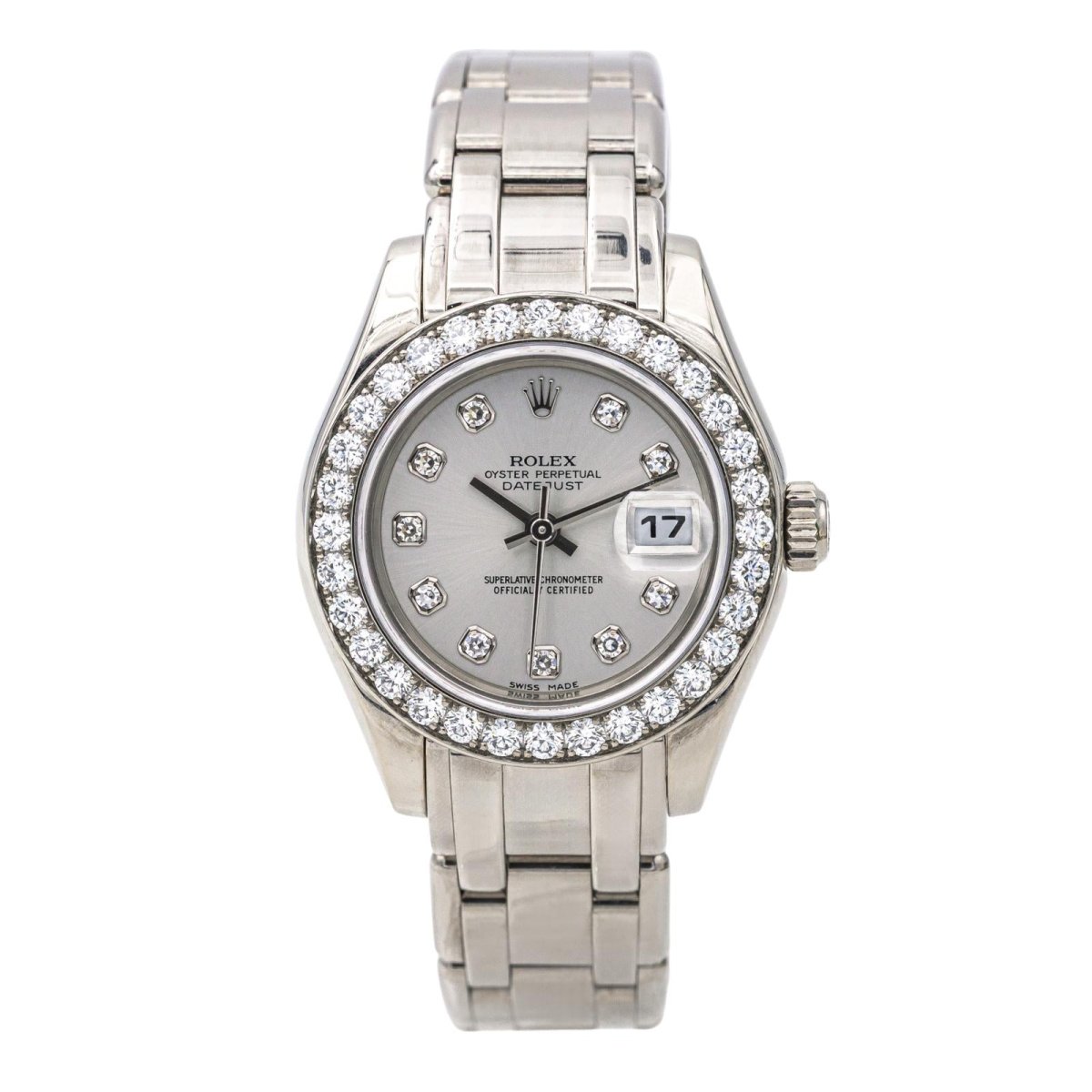 Montre ROLEX "Lady - DateJust Pearmaster" en or blanc, argent, saphir et diamants - Castafiore
