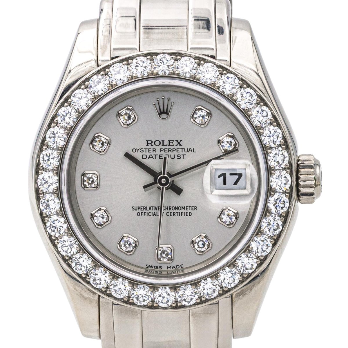 Montre ROLEX "Lady - DateJust Pearmaster" en or blanc, argent, saphir et diamants - Castafiore