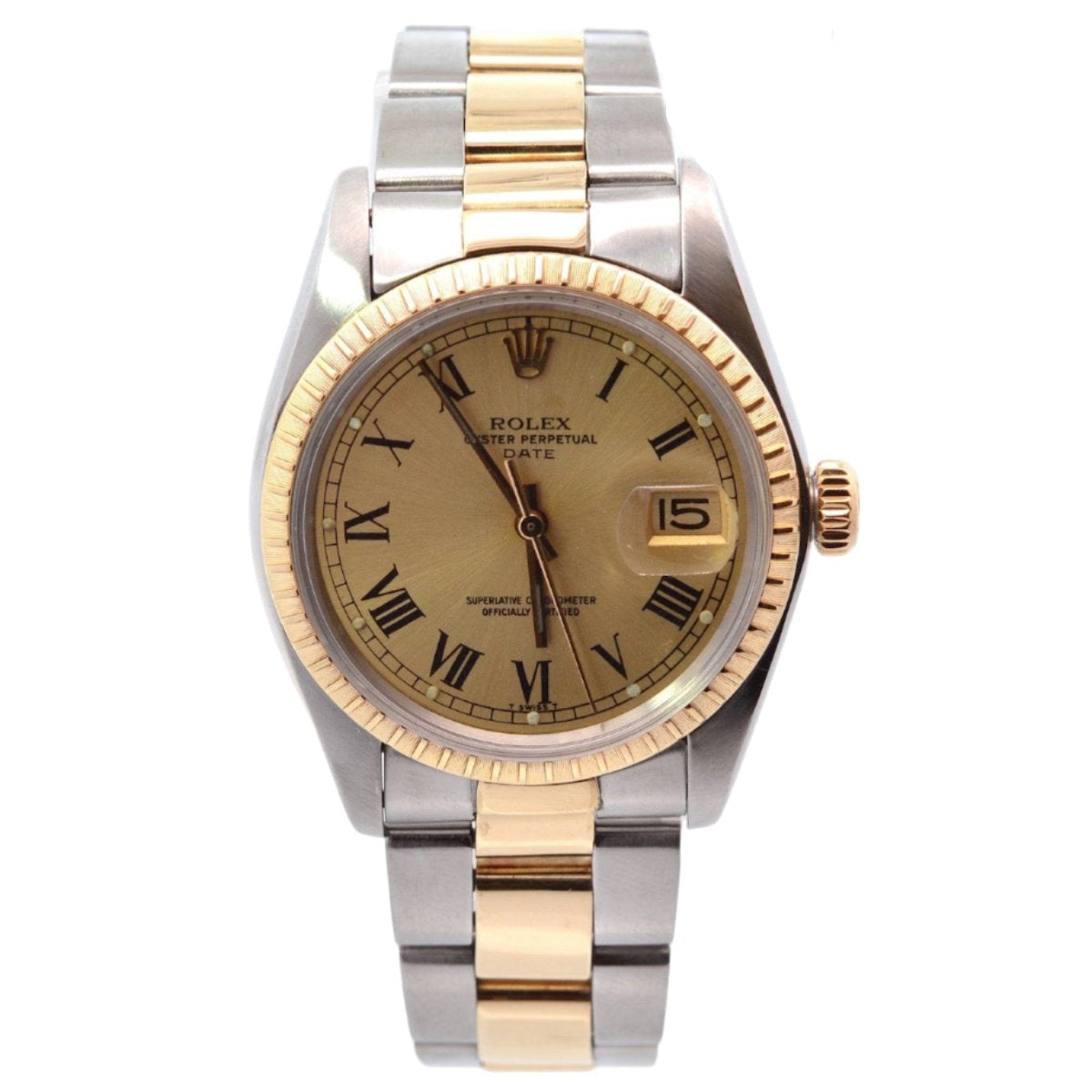 Montre ROLEX "Oyster Perpetual Date" en or jaune, acier et saphir - Castafiore