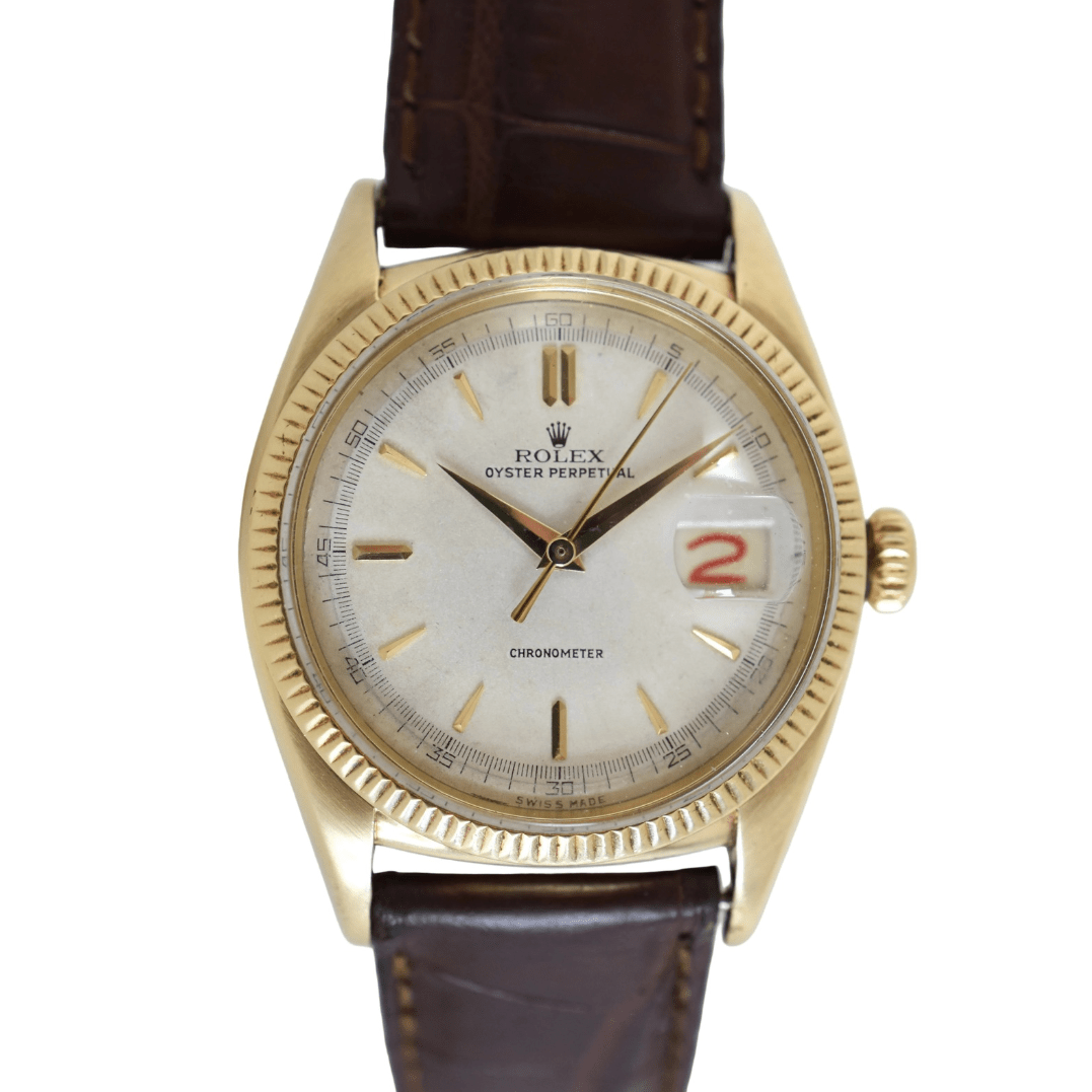 Montre ROLEX "Oyster Perpetual Date Ovettone" en or jaune et cuir - Castafiore