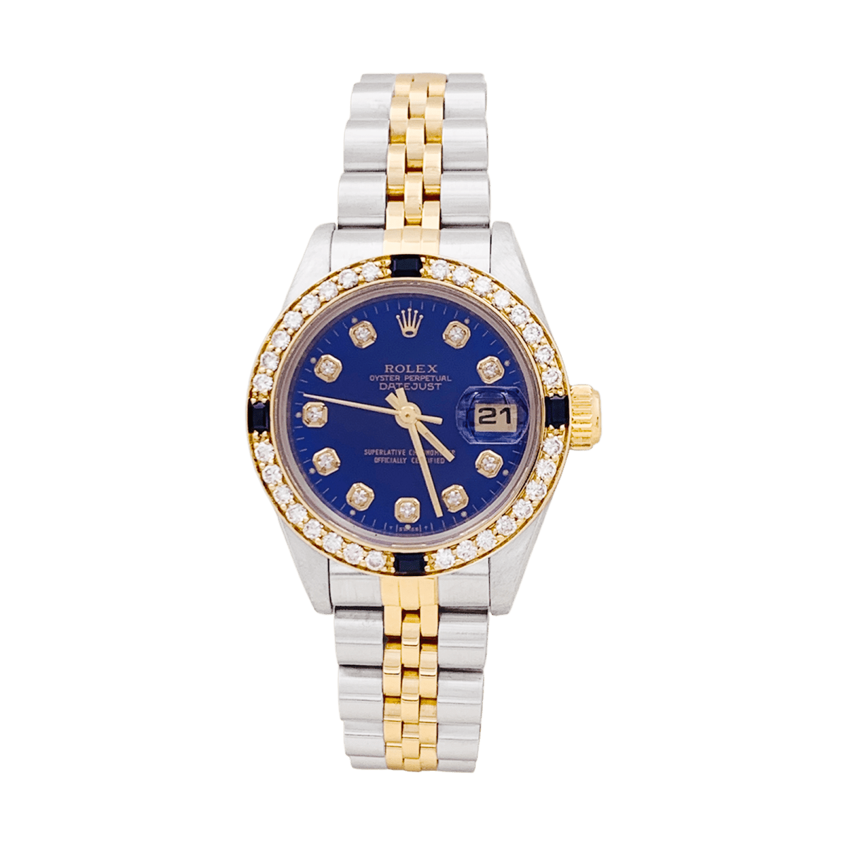 Montre ROLEX "Oyster Perpetual DateJust" en or jaune, acier, saphirs et diamants - Castafiore
