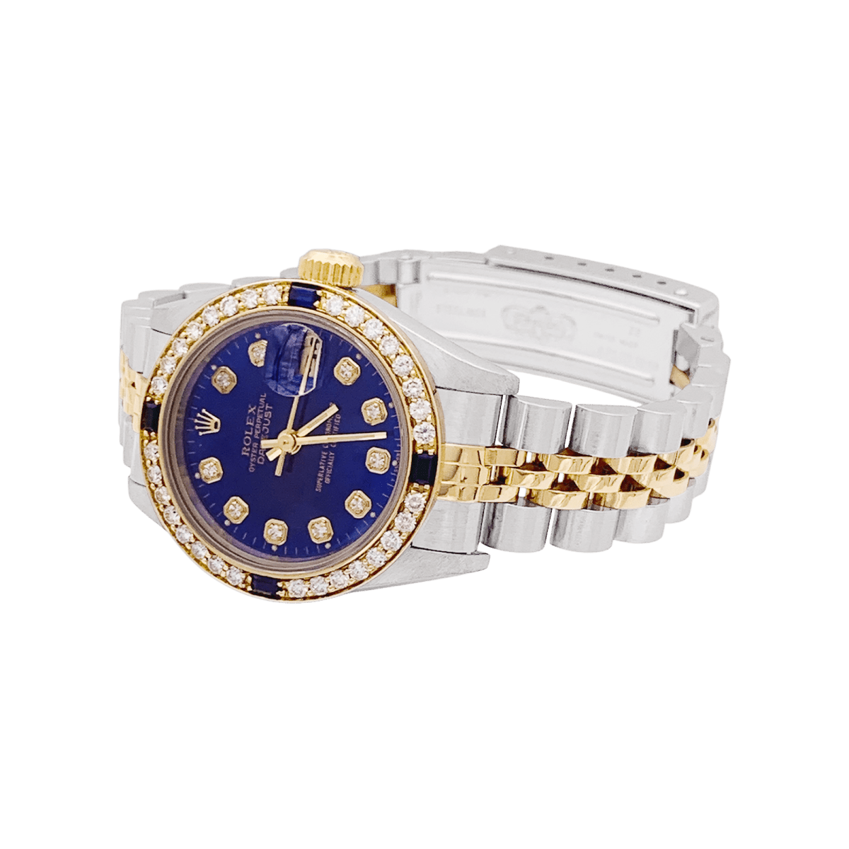 Montre ROLEX "Oyster Perpetual DateJust" en or jaune, acier, saphirs et diamants - Castafiore