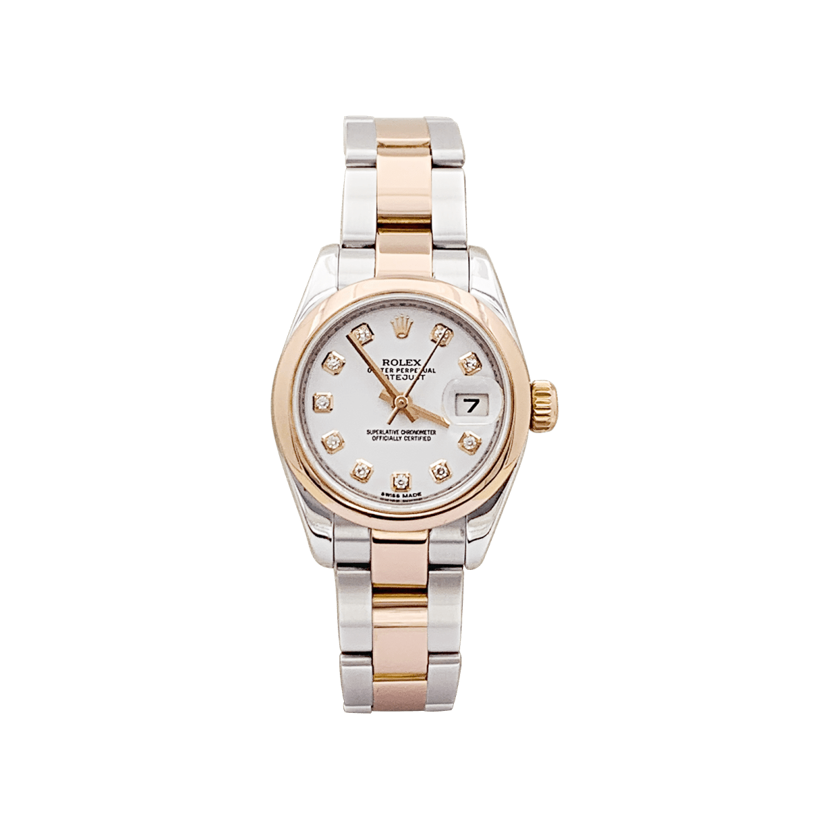 Montre Rolex, "Oyster Perpetual Datejust", or rose, acier, diamants. - Castafiore