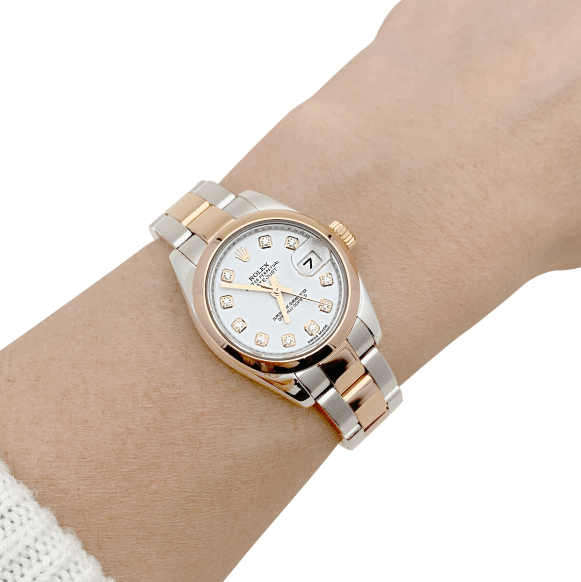 Montre Rolex, "Oyster Perpetual Datejust", or rose, acier, diamants. - Castafiore