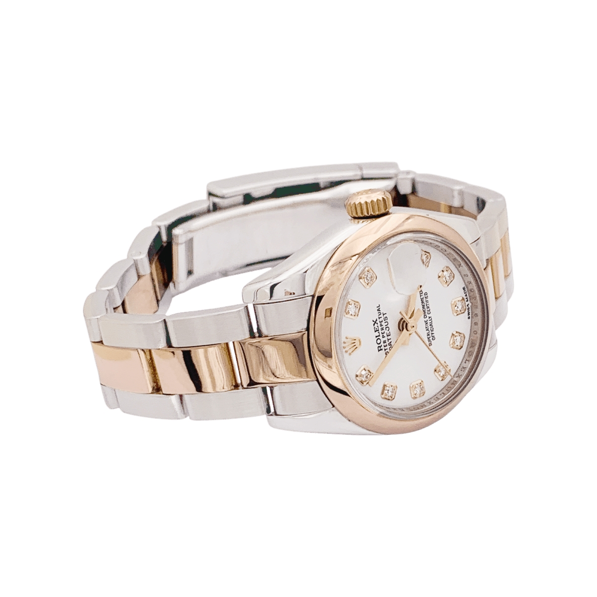 Montre Rolex, "Oyster Perpetual Datejust", or rose, acier, diamants. - Castafiore