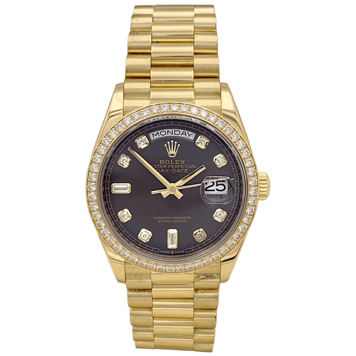 Montre ROLEX "Oyster perpetual day-date" en or jaune et diamants - Castafiore