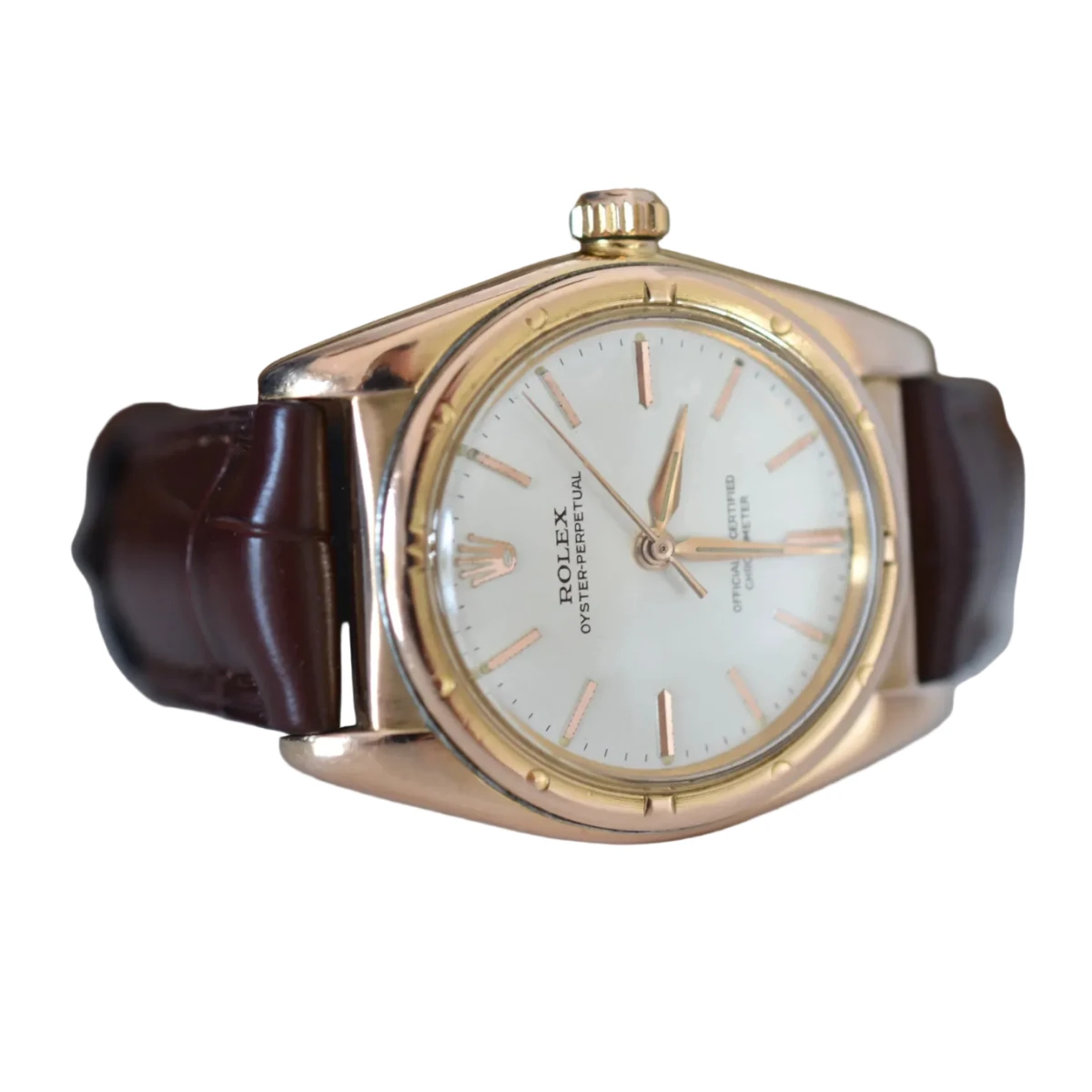 Montre ROLEX "Perpetual Ovetto Bubbleback" en or rose et cuir - Castafiore