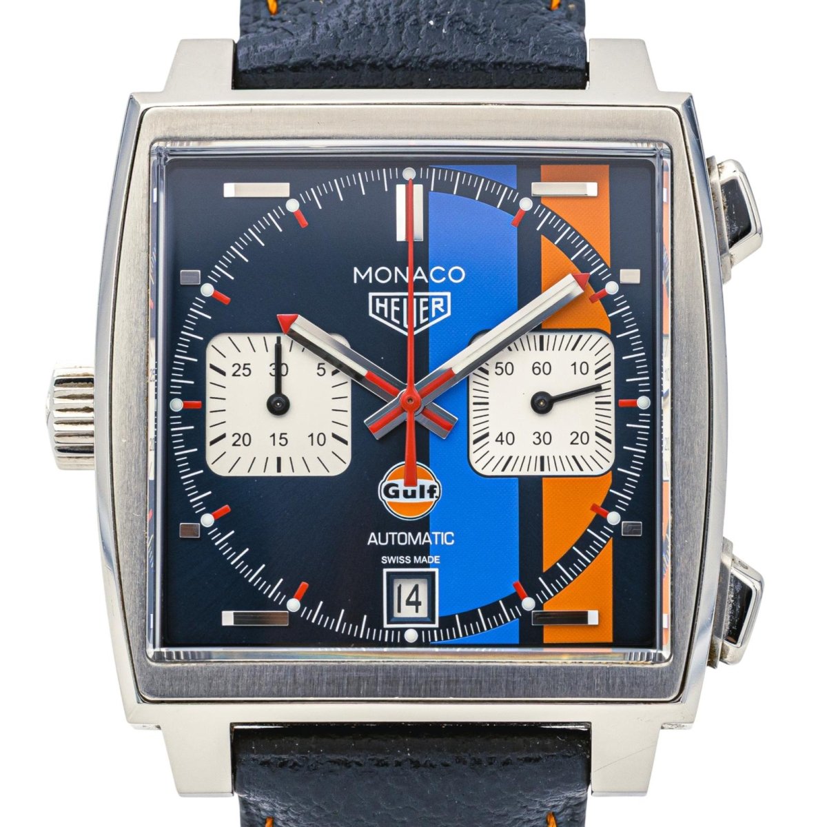 Montre TAG HEUER "Monaco Gulf" en acier, saphir et cuir - Castafiore