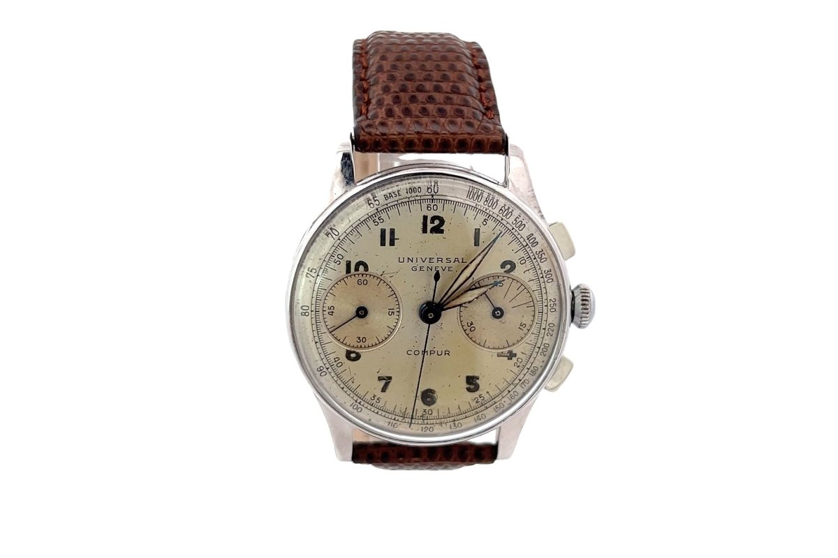 Compure UNIVERSAL GENÈVE “Compure” watch in steel and leather – Castafiore