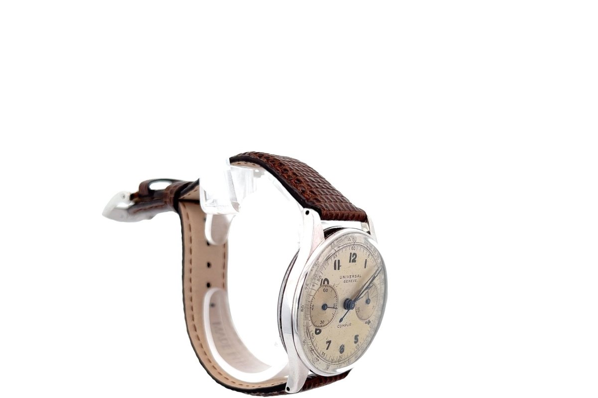 Compure UNIVERSAL GENÈVE “Compure” watch in steel and leather – Castafiore