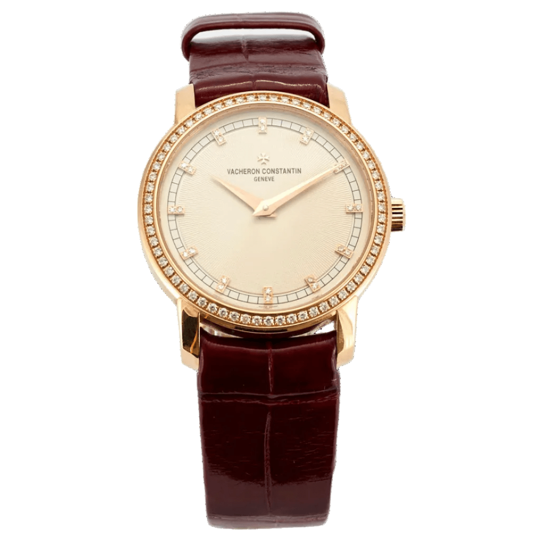 Montre VACHERON CONSTANTIN "Patrimony" PM en or rose, cuir et diamants - Castafiore