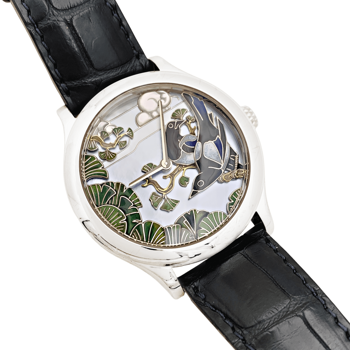 Montre VAN CLEEF & ARPELS "Midnight Palais de la Chance Pies Décor" en or blanc, nacre, émail et cuir - Castafiore