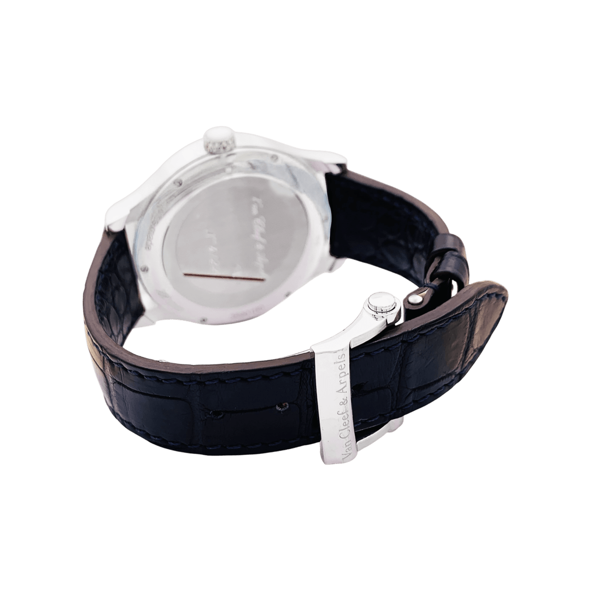 Montre VAN CLEEF & ARPELS "Midnight Palais de la Chance Pies Décor" en or blanc, nacre, émail et cuir - Castafiore