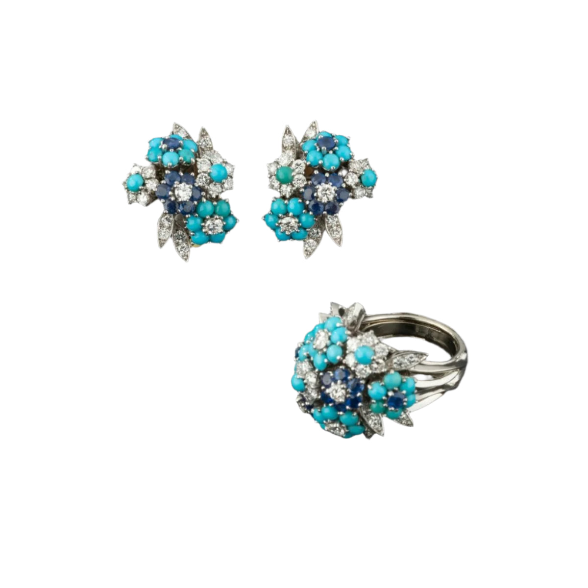 Paire de boucles d'oreilles en or et platine sertie de diamants, turquoises et diamants. Alfred HANNE - Castafiore