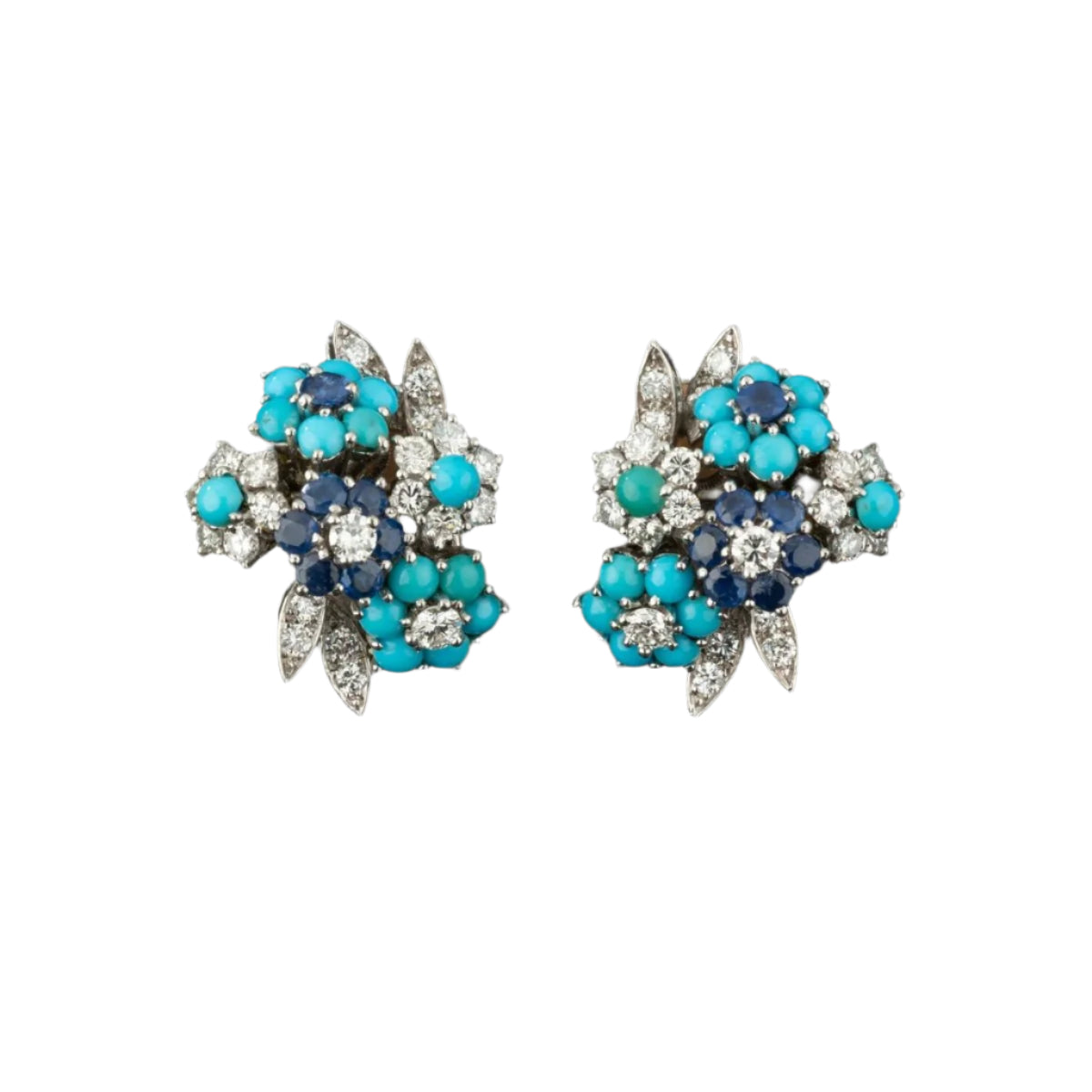 Paire de boucles d'oreilles en or et platine sertie de diamants, turquoises et diamants. Alfred HANNE - Castafiore