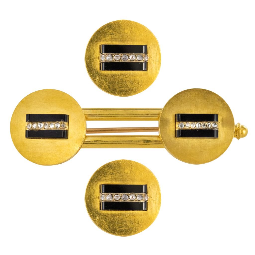 Parure ancienne boutons de gilet et broche onyx et diamants - Castafiore