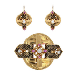 Parure ancienne Napoléon III Perles fines rubis émail noir - Castafiore