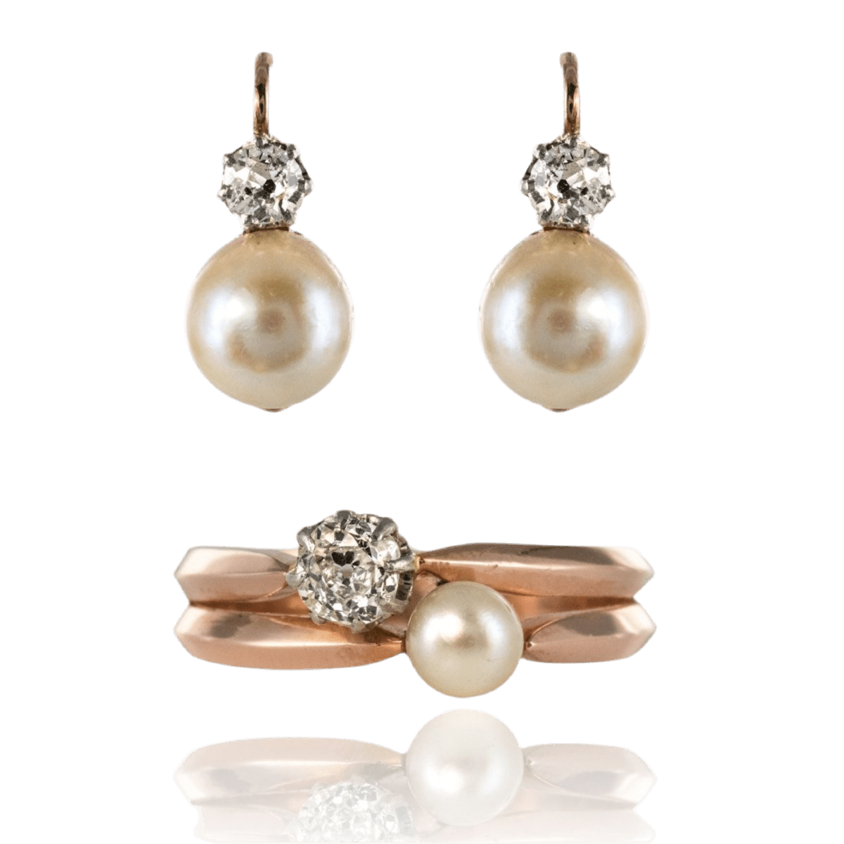 Parure Bague et Boucles d'oreilles en or rose, perles et diamants - Castafiore