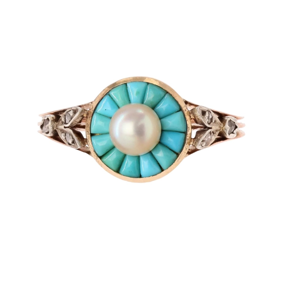 Antique turquoise and pearls set diamonds