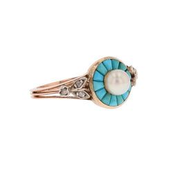 Antique turquoise and pearls set diamonds