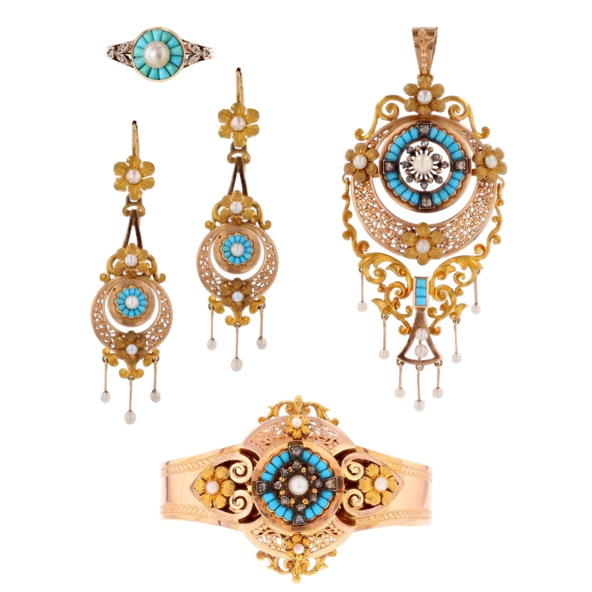 Antique turquoise and pearls set diamonds