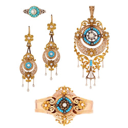 Antique turquoise and pearls set diamonds