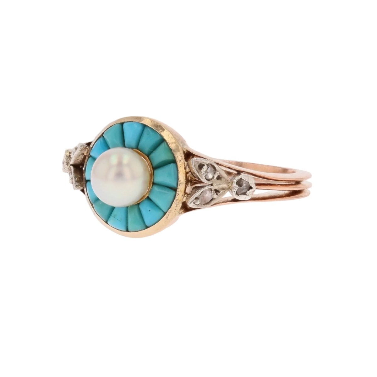 Antique turquoise and pearls set diamonds
