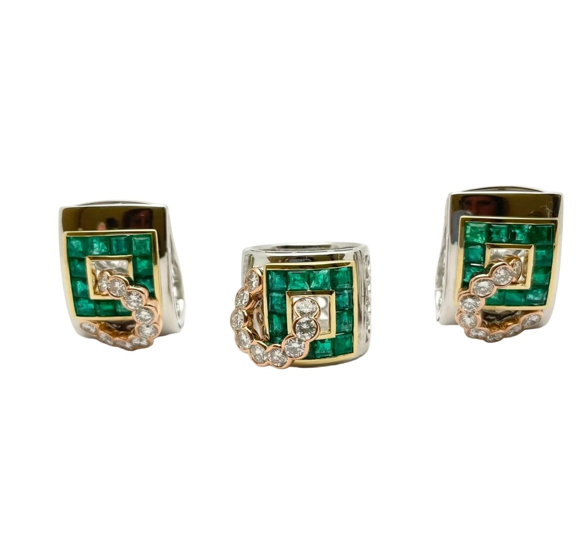 Parure LUCIANO SOMENZI en or blanc, or jaune, or rose, émeraudes et diamants - Castafiore