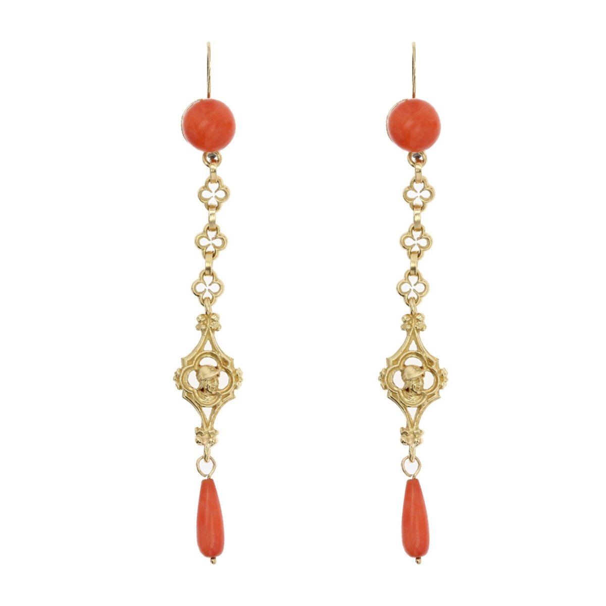 Pendants d'oreilles ANCIENS Corail en or jaune - Castafiore