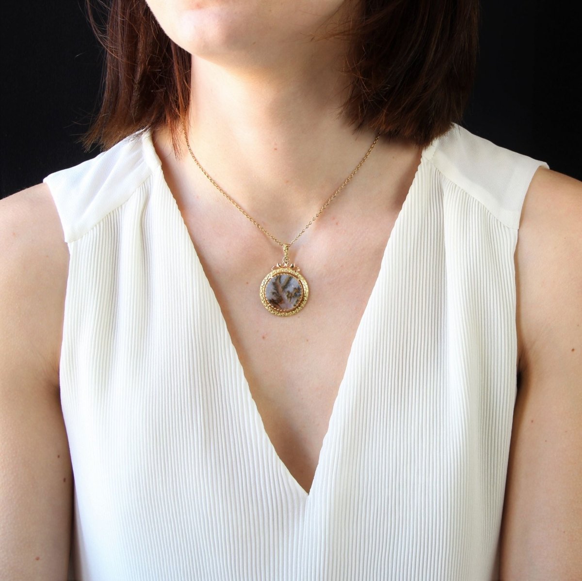 Pendentif ancien agate dendritique et or - Castafiore