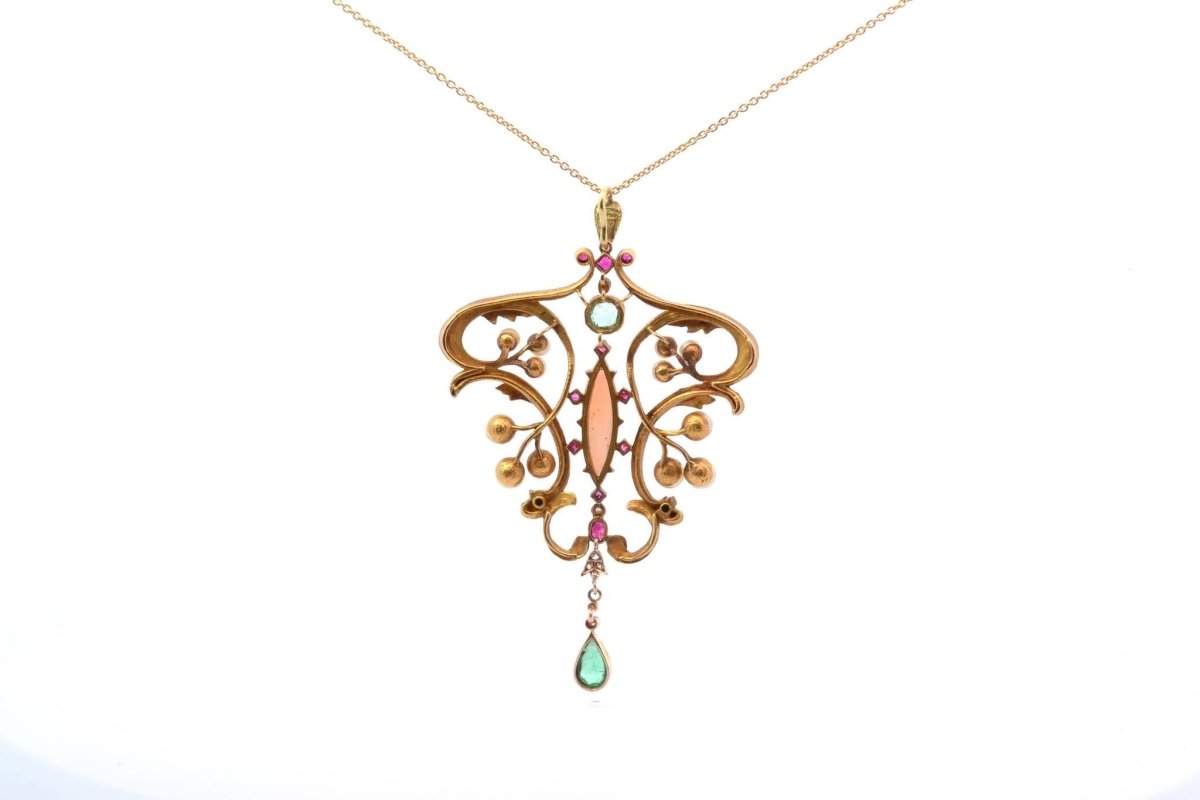 Pendentif ancien art nouveau Opale, perles fines, émeraudes et rubis - Castafiore