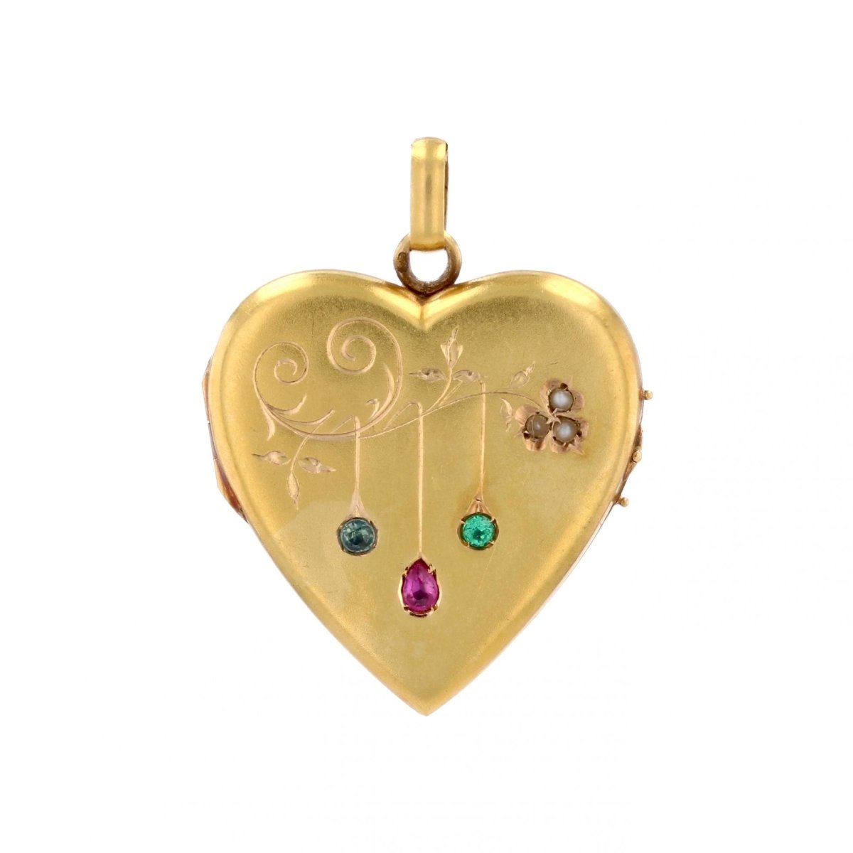 Pendentif ANCIEN Cœur en or jaune rubis saphir émeraude perles - Castafiore