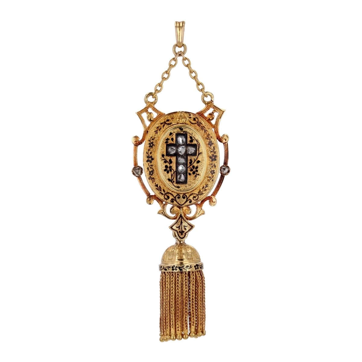 Pendentif ancien en or diamants et émail noir - Castafiore
