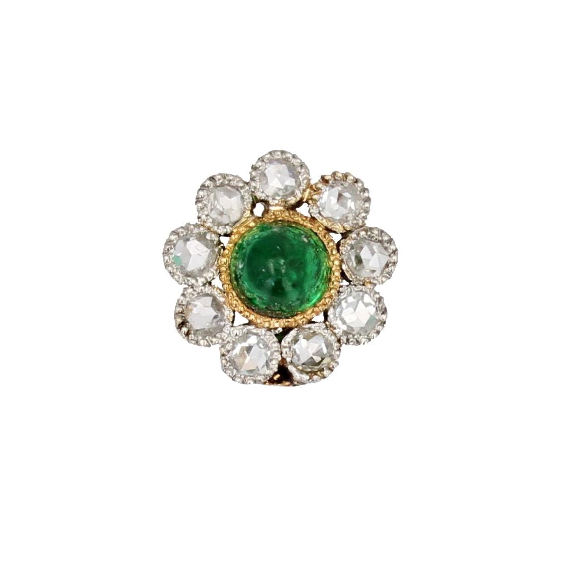 Pendentif ANCIEN Fleur en or jaune et platine émeraude cabochon et diamants - Castafiore
