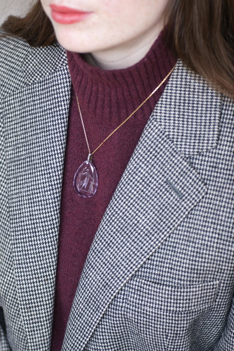 Pendentif Ancien Goutte Intaille Améthyste et Diamants - Castafiore