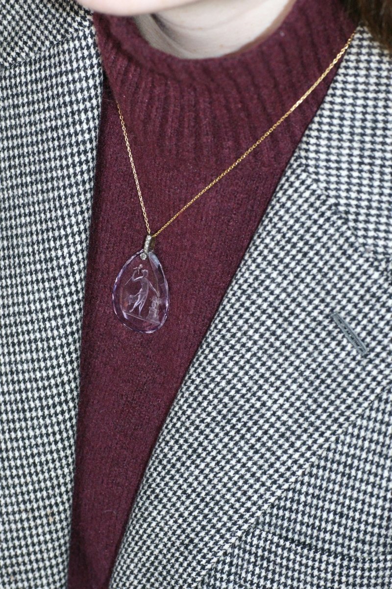 Pendentif Ancien Goutte Intaille Améthyste et Diamants - Castafiore