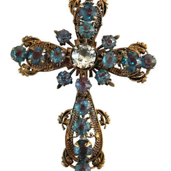 Pendentif Ancienne Grande croix en métal argenté et saphirets - Castafiore