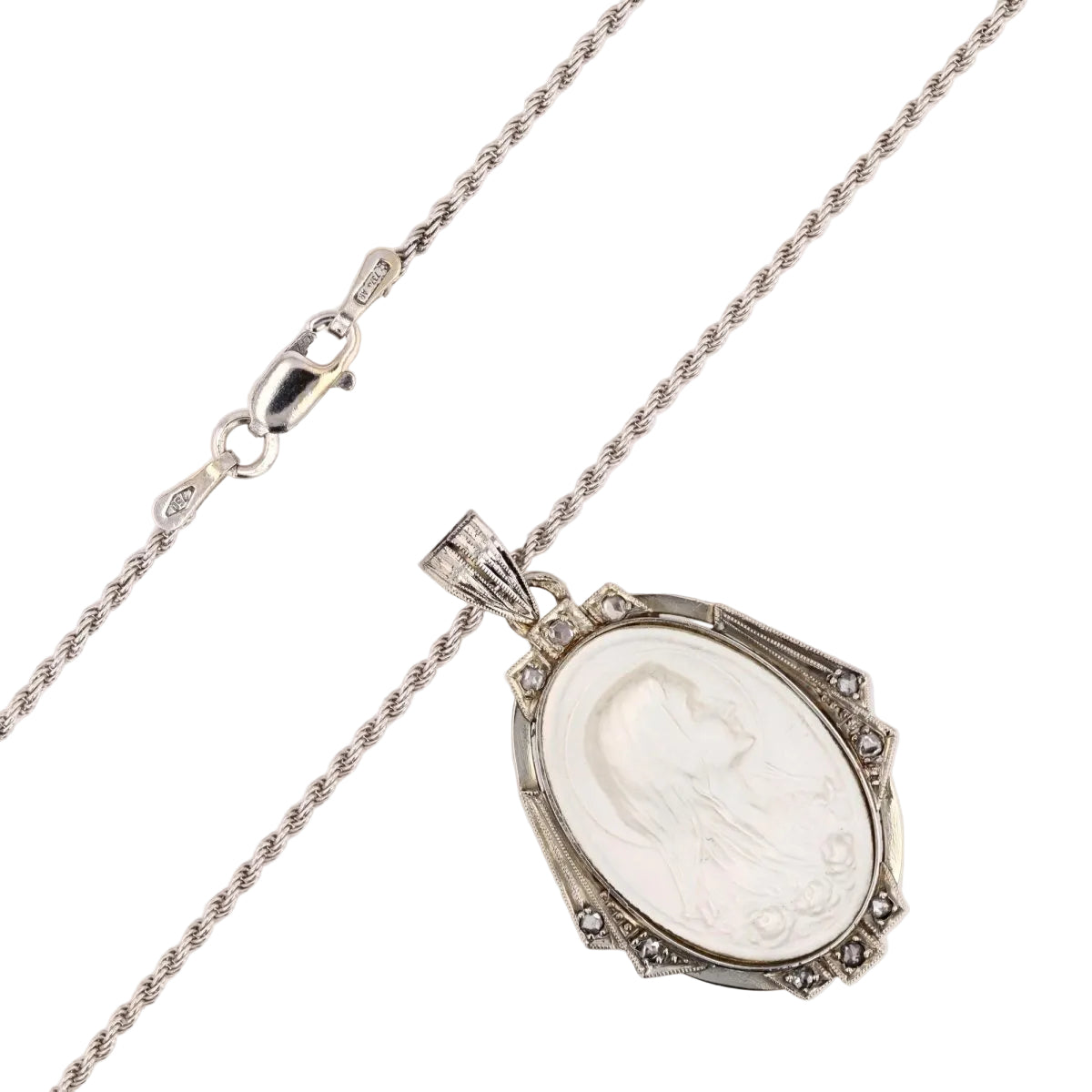 Pendentif art déco en or blanc et nacre et diamants - Castafiore