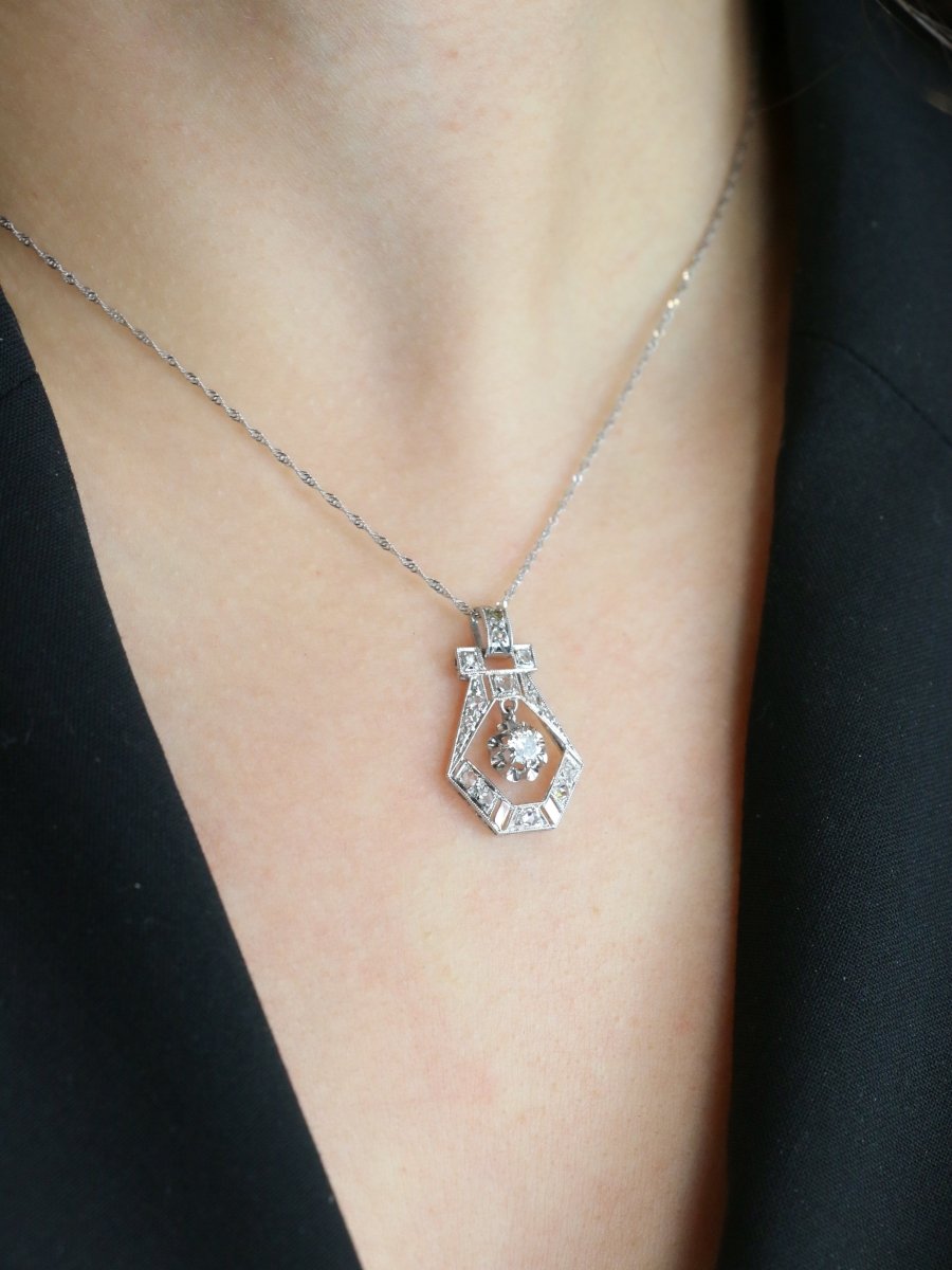 Pendentif Art Deco or blanc platine diamants - Castafiore