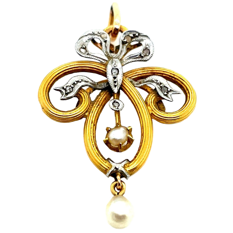 Pendentif Art Nouveau en or jaune et or blanc avec diamants et perles - Castafiore
