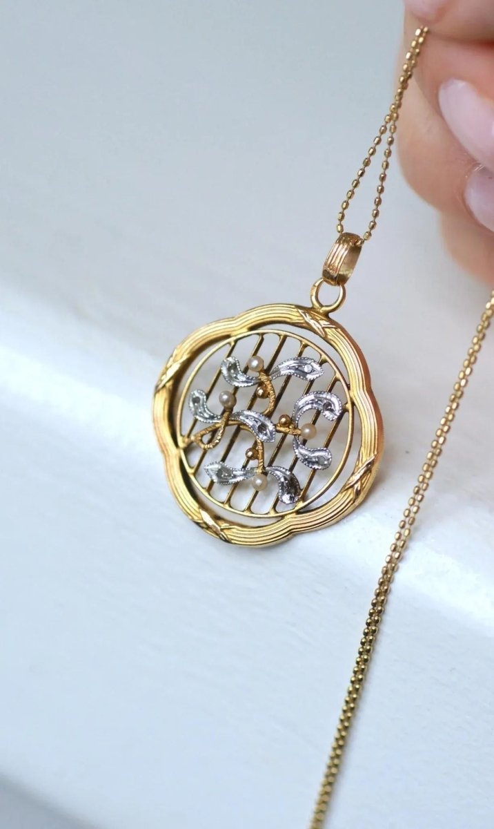 Pendentif Art Nouveau Gui Or jaune Perles et Diamants - Castafiore