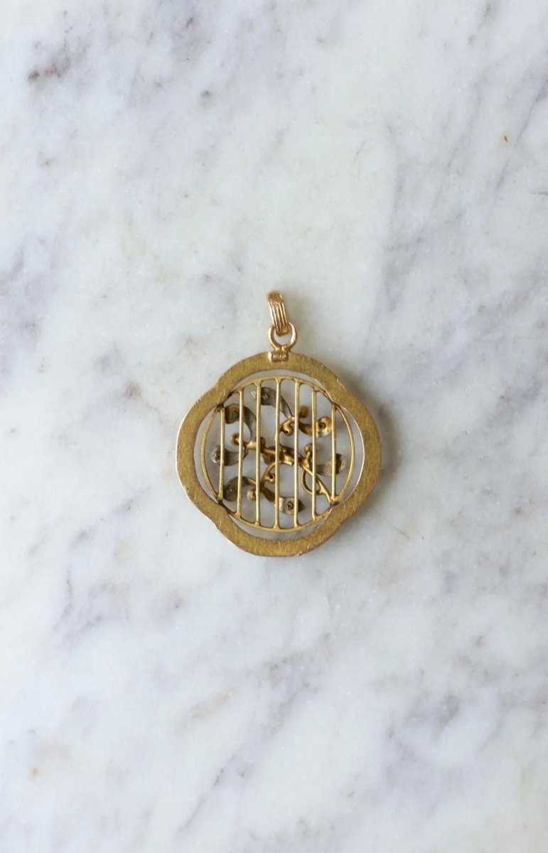 Pendentif Art Nouveau Gui Or jaune Perles et Diamants - Castafiore