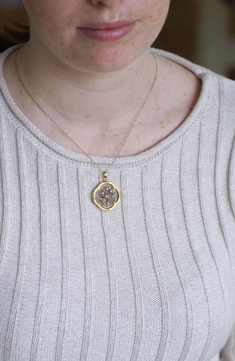 Pendentif Art Nouveau Gui Or jaune Perles et Diamants - Castafiore
