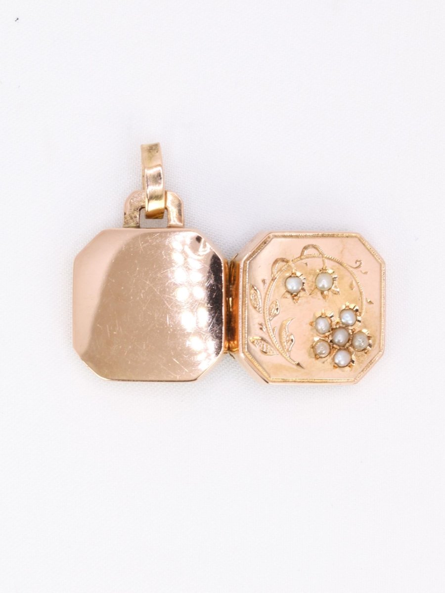 Pendentif Art Nouveau porte photo or rose perles fines - Castafiore