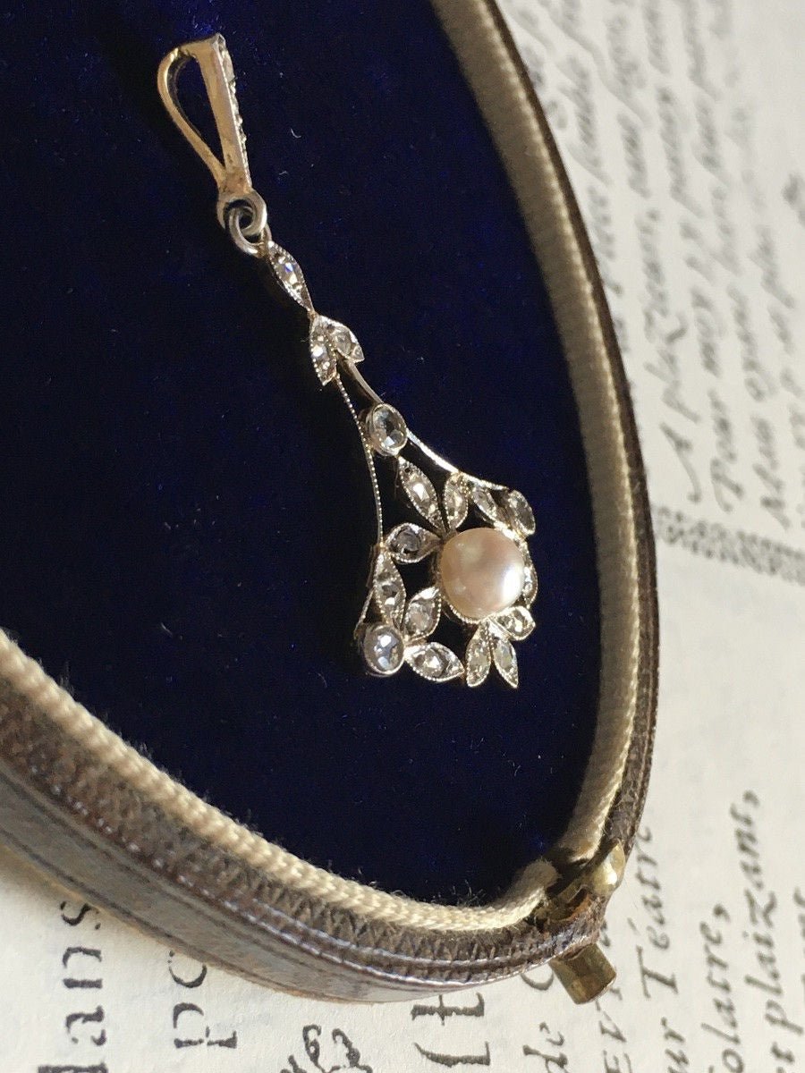 Pendentif Belle Époque en or 18K perle et diamants - Castafiore