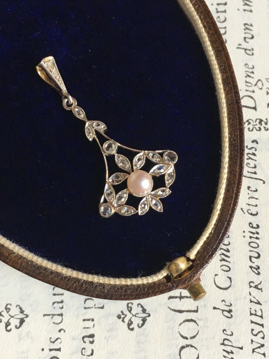 Pendentif Belle Époque en or 18K perle et diamants - Castafiore