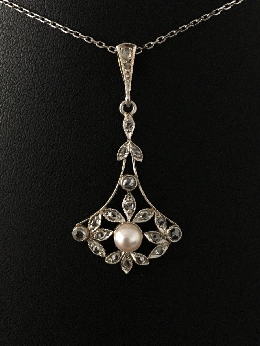 Pendentif Belle Époque en or 18K perle et diamants - Castafiore